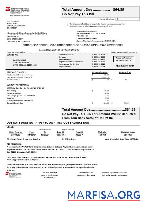 Realistic USA Louisiana AEP (Southwestern Electric Power Company) electricity business utility bill template in Word and PDF formats